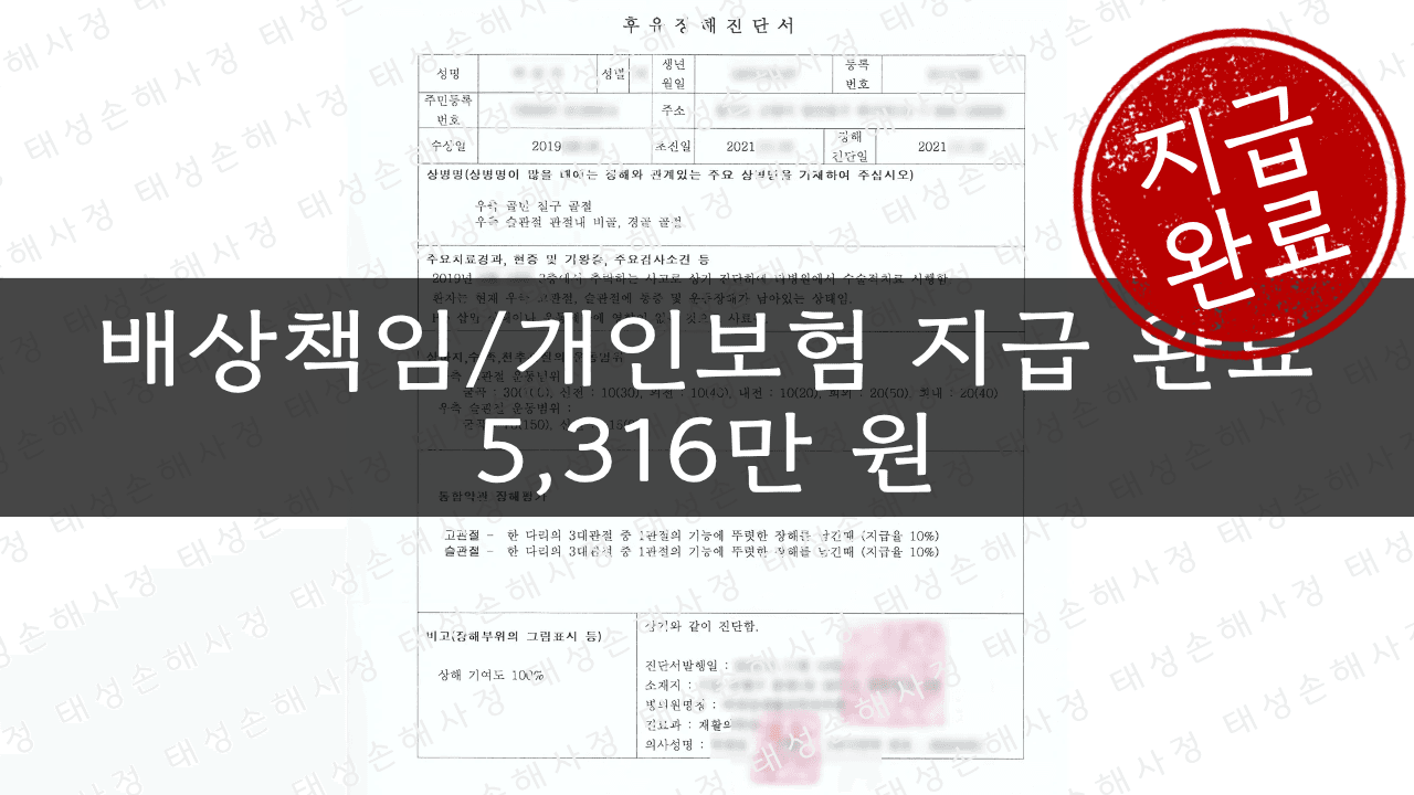 합의금 및 후유장해 보험금 5,316만원 지급 - 펜션 낙상사고| 태성손해사정